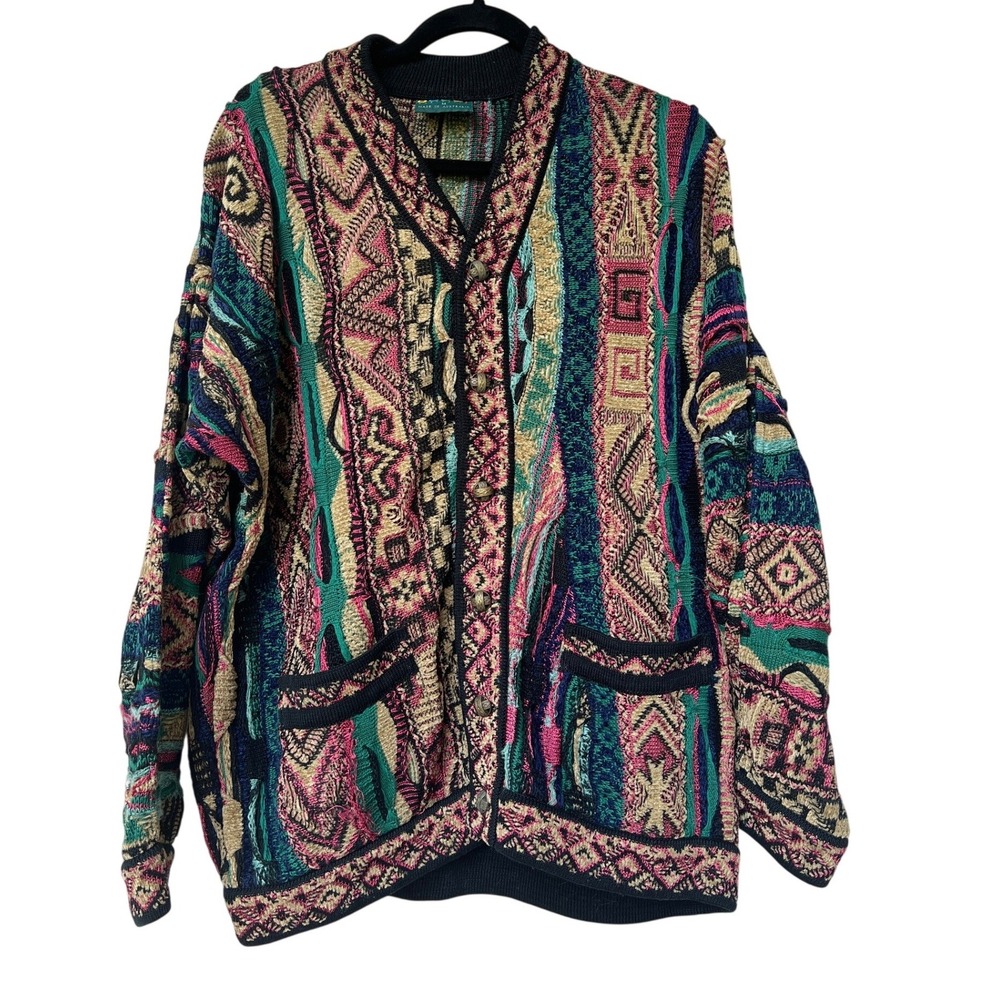Coogi 3D Knit Cardigan Mens M Pink Teal Tan Vintage Australia Grandpacore 90s
